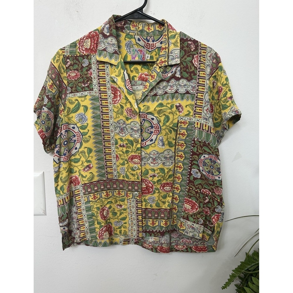 JAMS WORLD Vintage 90s Abstract Colorful Art Button Short Sleeve Shirt Surf Sz M